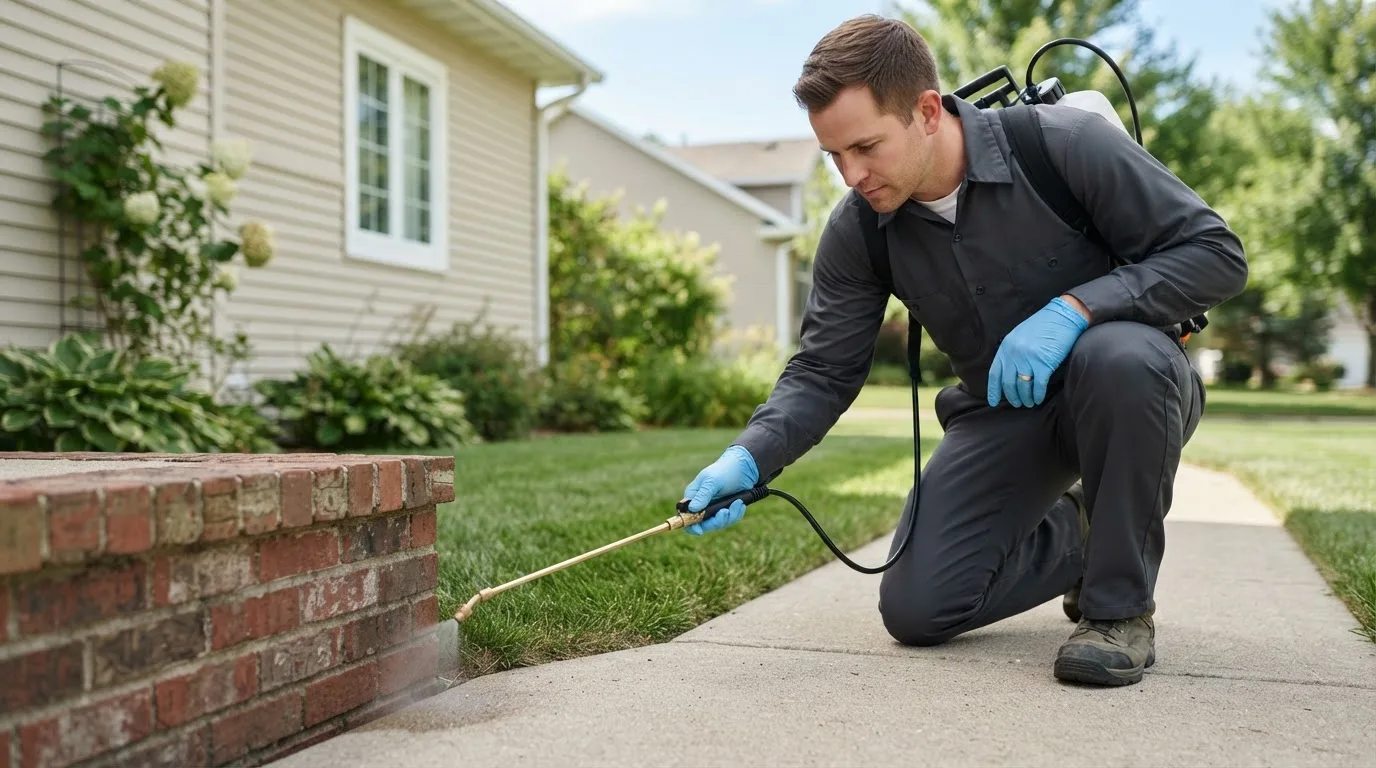 Pest control technician treating a home near Indianola, OK
