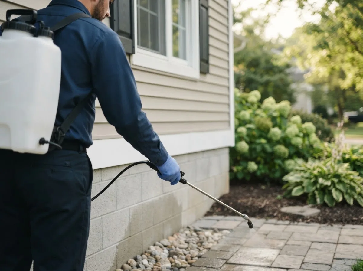 Pest control technician inspecting a home in Indianola, OK